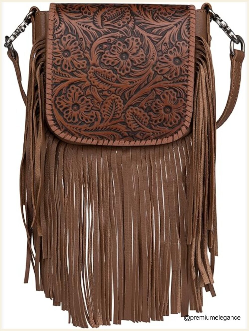 Genuine Leather Fringe Crossbody Bag with Floral Tooling